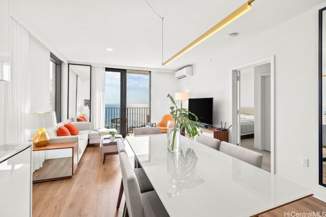 interior space with a wall of windows, light wood-type flooring, and a wall unit AC