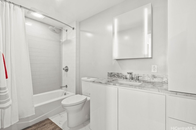 full bathroom featuring toilet, vanity, and shower / tub combo with curtain