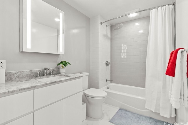 full bathroom with toilet, shower / bath combination with curtain, and vanity