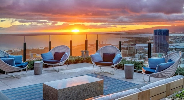 patio terrace at dusk with outdoor lounge area