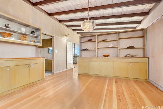 kitchen with hanging light fixtures, a notable chandelier, light hardwood / wood-style floors, and beamed ceiling