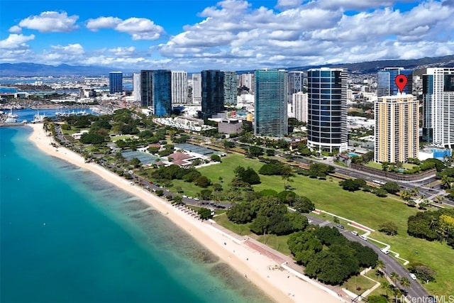 bird's eye view with a water view and a beach view