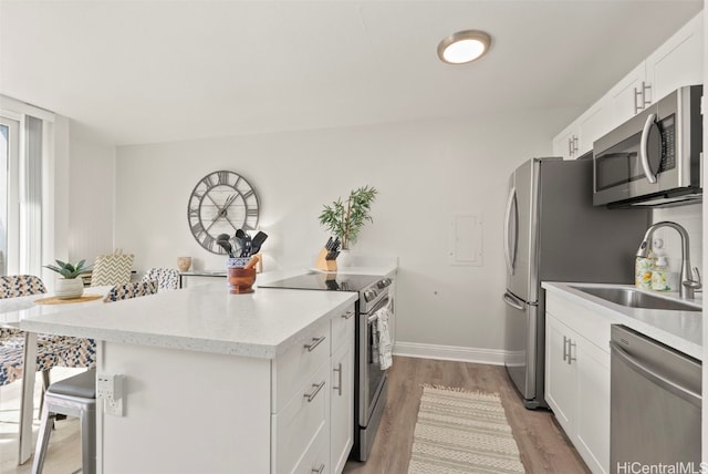 kitchen featuring white cabinetry, a kitchen bar, appliances with stainless steel finishes, light wood-type flooring, and sink