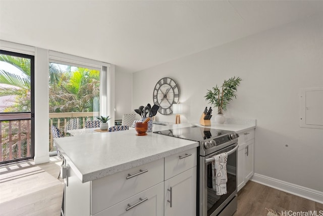 kitchen featuring white cabinetry, dark hardwood / wood-style floors, stainless steel electric range, electric panel, and light stone counters