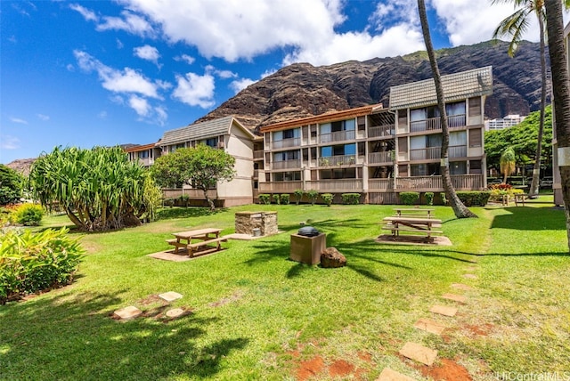 view of community featuring a lawn and a mountain view