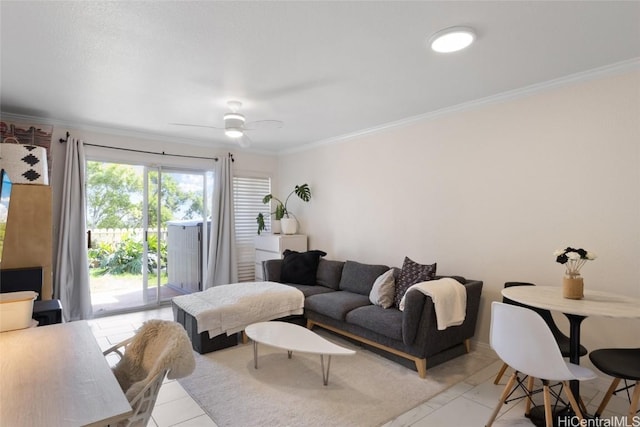 living room featuring ornamental molding, ceiling fan, and light tile patterned floors