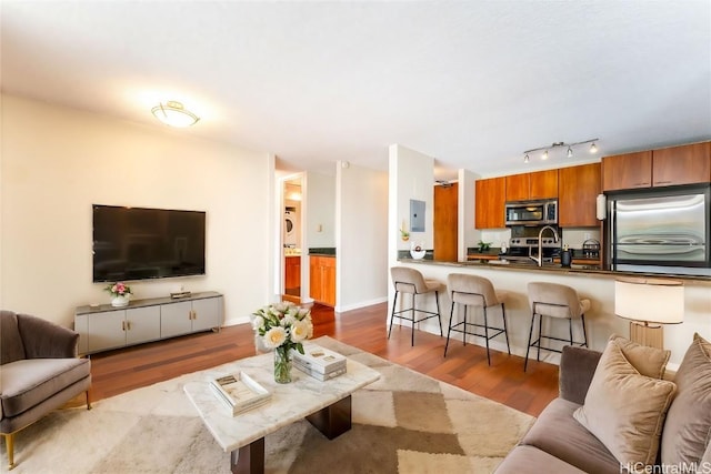 living room featuring electric panel and light hardwood / wood-style flooring