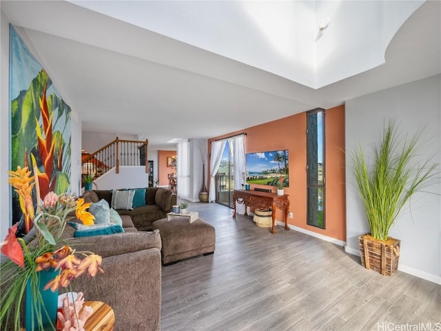 living room with decorative columns and hardwood / wood-style flooring