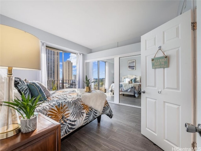 bedroom with dark hardwood / wood-style flooring