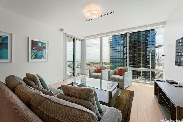 living room featuring expansive windows and light wood-type flooring