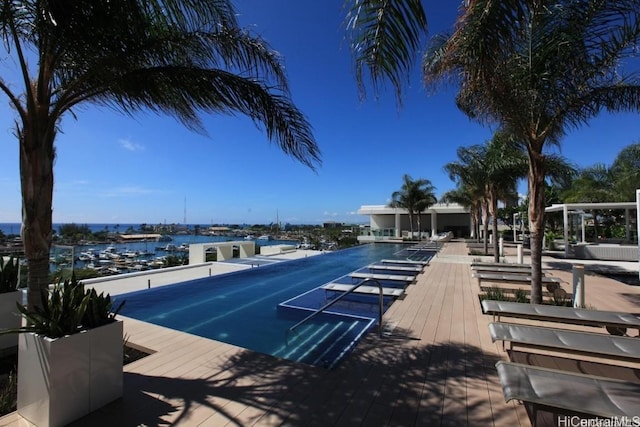 view of pool with a water view