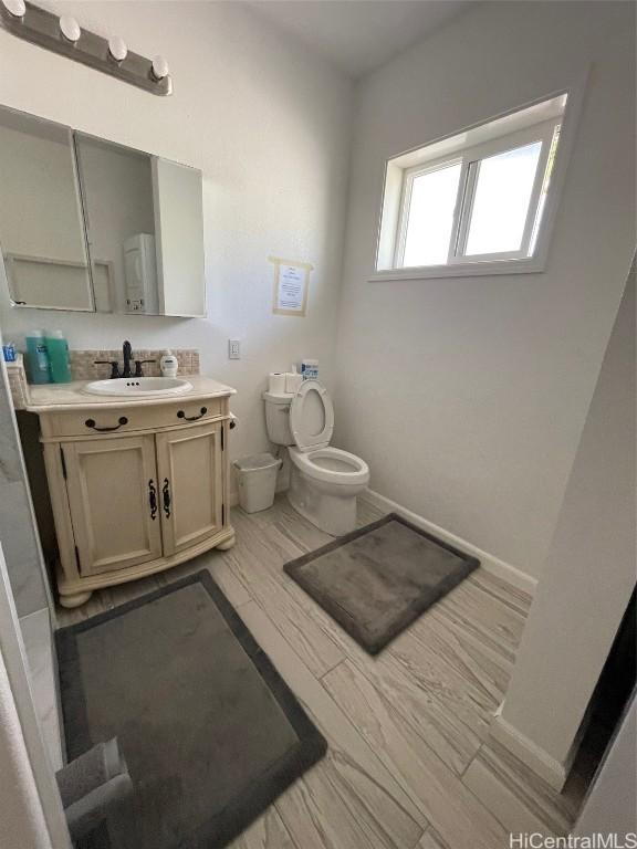 bathroom featuring toilet, vanity, and hardwood / wood-style flooring