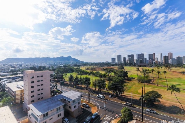 drone / aerial view with a mountain view