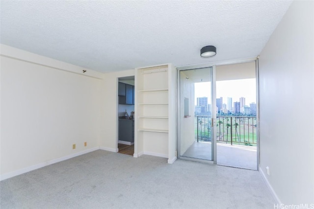 unfurnished bedroom with light carpet, access to exterior, a textured ceiling, and multiple windows