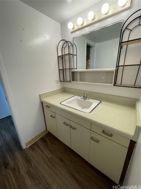 bathroom with vanity and wood-type flooring