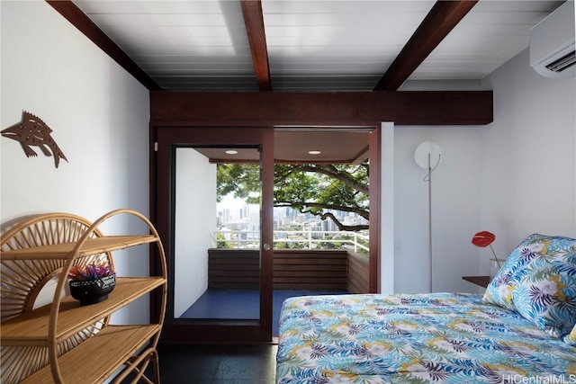 bedroom with a wall mounted AC and beamed ceiling