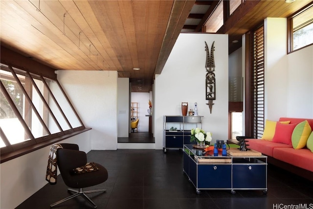 living room with wood ceiling