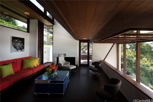 sunroom with wood ceiling