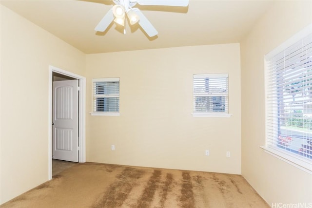 unfurnished room featuring carpet and ceiling fan