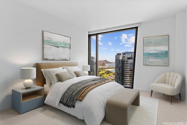 carpeted bedroom featuring a wall of windows