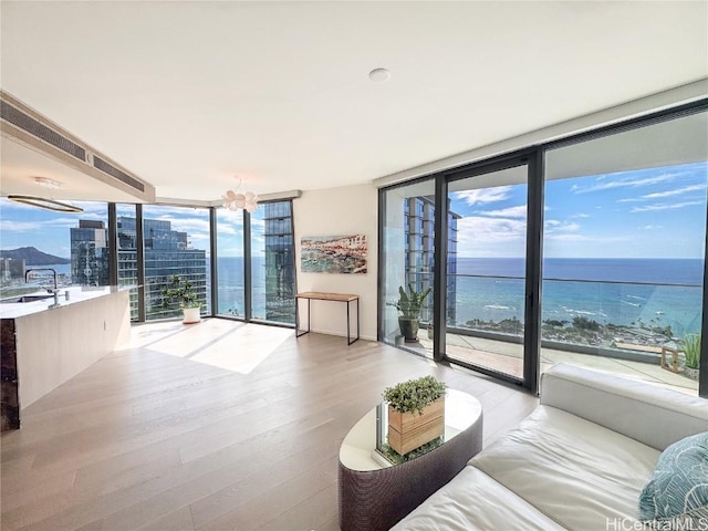 living room featuring a wall of windows, light wood-type flooring, a water view, and plenty of natural light