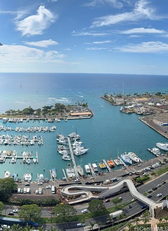 drone / aerial view featuring a water view