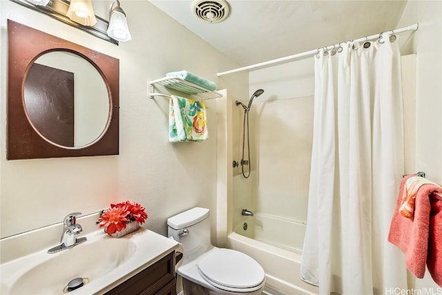 full bathroom featuring toilet, vanity, and shower / bathtub combination with curtain