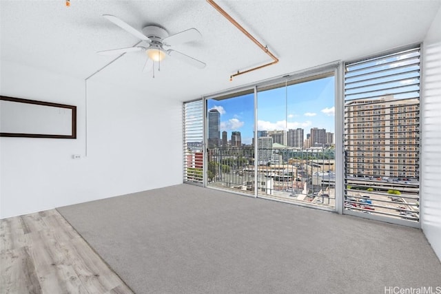 empty room with ceiling fan, expansive windows, a wealth of natural light, and a textured ceiling