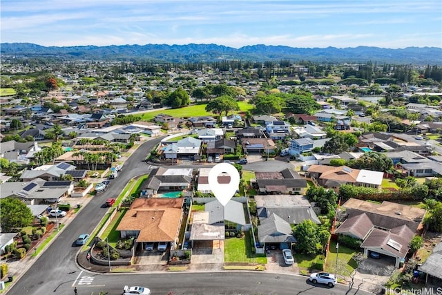 drone / aerial view featuring a mountain view