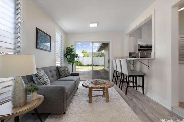 living room featuring sink and light hardwood / wood-style flooring