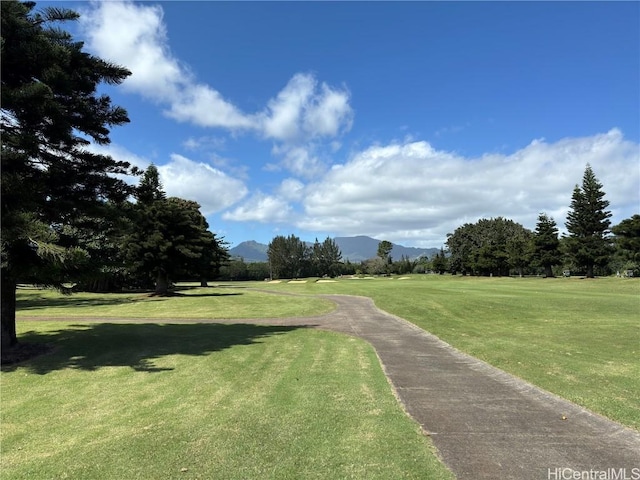 view of community featuring a mountain view and a lawn