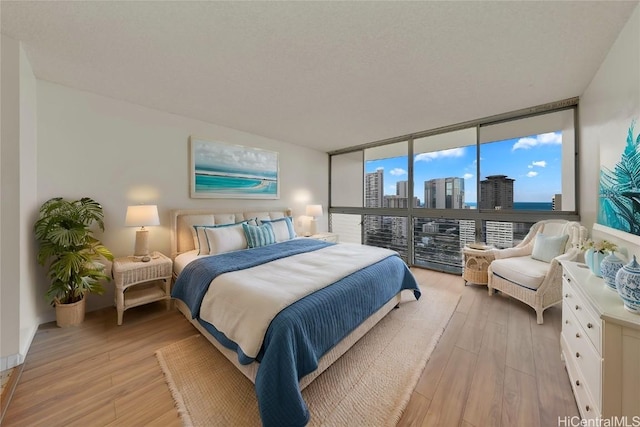 bedroom with floor to ceiling windows and light hardwood / wood-style flooring