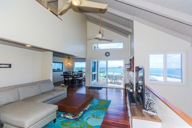45-001 Lilipuna Rd Unit B, Kaneohe, HI 96744 - living area with a ceiling fan, wood finished floors, high vaulted ceiling, and a wooden ceiling with exposed beams