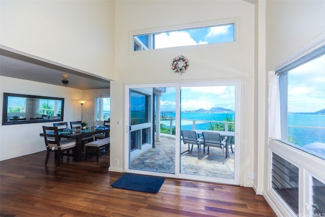 45-001 Lilipuna Rd Unit B, Kaneohe, HI 96744 - doorway to outside featuring dark wood-style floors, a high ceiling, and a water view