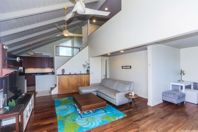 45-001 Lilipuna Rd Unit B, Kaneohe, HI 96744 - living area featuring ceiling fan, wood finished floors, high vaulted ceiling, and a wood ceiling with exposed beams