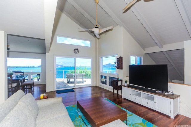 45-001 Lilipuna Rd Unit B, Kaneohe, HI 96744 - living room featuring a ceiling fan, beamed ceiling, dark wood-type flooring, and high vaulted ceiling