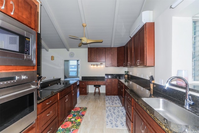 45-001 Lilipuna Rd Unit B, Kaneohe, HI 96744 - kitchen featuring stainless steel appliances, a ceiling fan, dark stone counters, and wooden ceiling