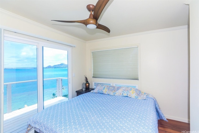 45-001 Lilipuna Rd Unit B, Kaneohe, HI 96744 - bedroom with ornamental molding, a water view, wood finished floors, and a ceiling fan