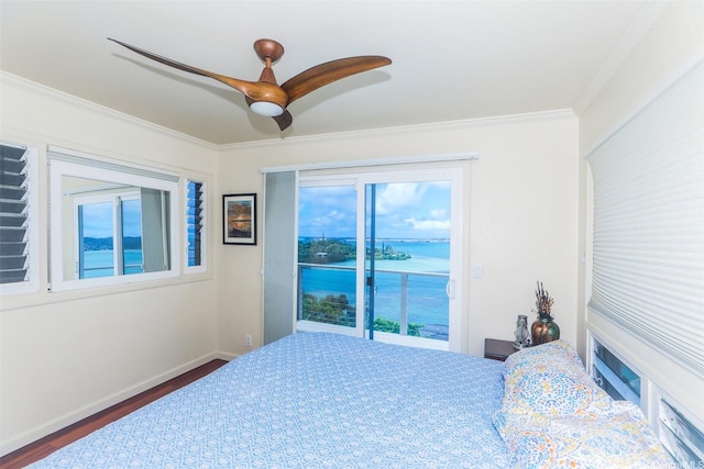 45-001 Lilipuna Rd Unit B, Kaneohe, HI 96744 - bedroom with access to exterior, a water view, ornamental molding, wood finished floors, and ceiling fan