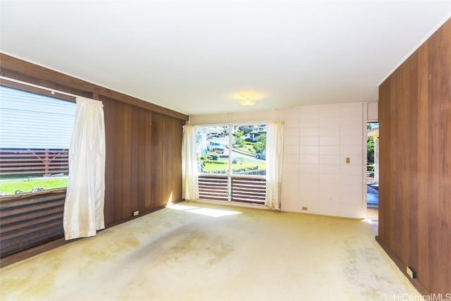 unfurnished room featuring light colored carpet and wood walls