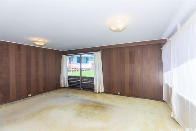 carpeted empty room with wooden walls