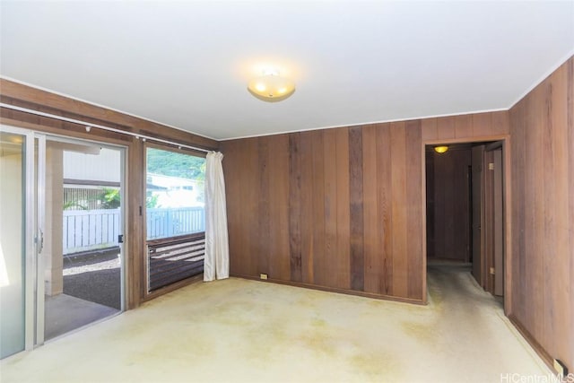 empty room with light colored carpet and wooden walls