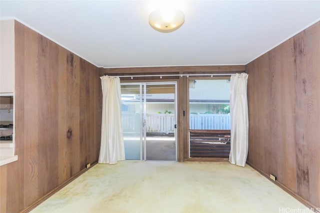 carpeted spare room featuring wood walls