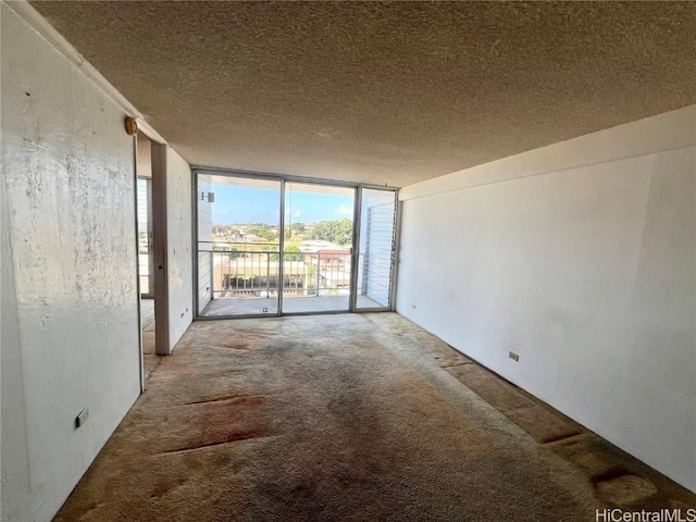 empty room with a wall of windows, a textured ceiling, and carpet flooring