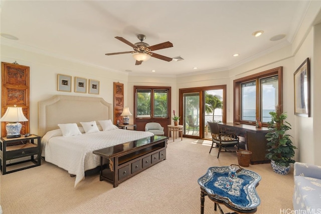 bedroom with crown molding, recessed lighting, visible vents, light carpet, and access to outside