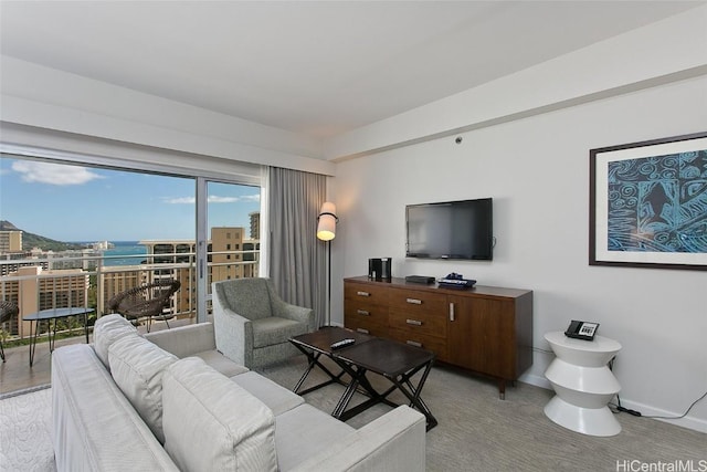 living room featuring a water view