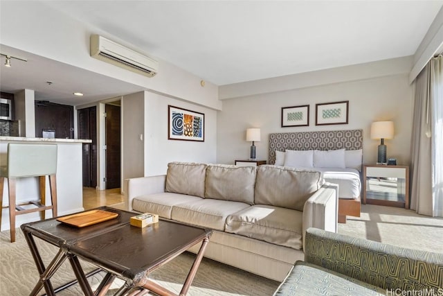 bedroom featuring light carpet and an AC wall unit