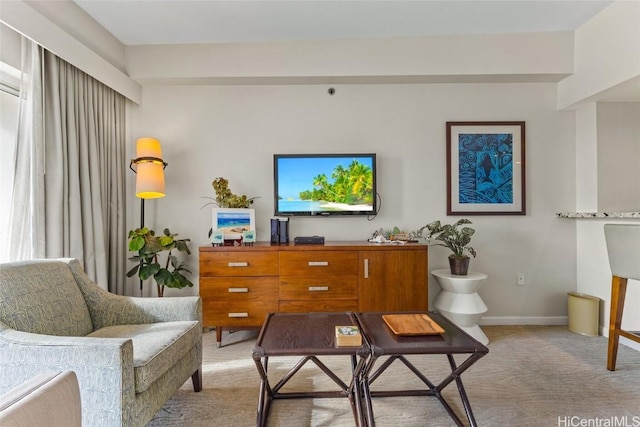 living area featuring baseboards and light colored carpet