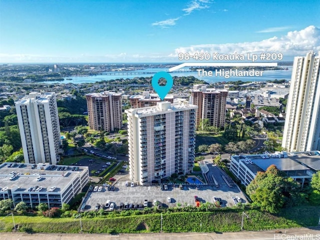 drone / aerial view with a water view