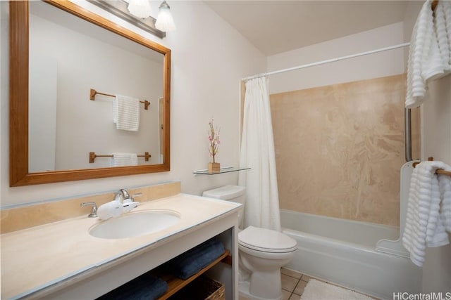 full bathroom featuring toilet, tile patterned flooring, vanity, and shower / bath combo with shower curtain